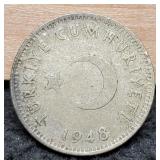 1948 Turkey Lira Silver 60%/7.5 G/.1447 ASW