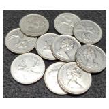Lot w/ 10 Mixed Date Canada Quarters, No Silver