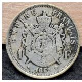 1869 France 1 Franc Silver  83.5%/5 G/.1342 ASW