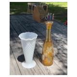 Hobnail Milk Glass, Etched Vase