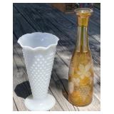 Hobnail Milk Glass, Etched Vase