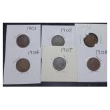 6 Nice Indian Head Cents in Holders