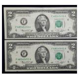 Pair of Consecutive 1976 $2 FRN Banknotes Nice