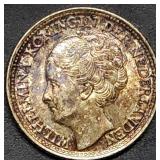 1944 Netherlands 25 Cents Silver Coin BU Toned