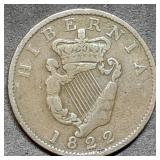 1822 Irish Copper Half Penny Hibernia Coin Nice