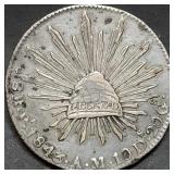 1843 Pi AM Mexico 8 Reales Cap & Rays Silver Coin