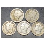 5 Nice Teens & Early 1920s Mercury Silver Dimes