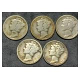 5 Nice 1920s Mercury Silver Dimes
