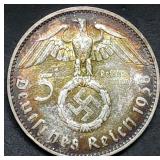 1938 Nazi Germany 5 Marks Silver Coin Toned