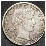 1908-D Barber Quarter Full Liberty