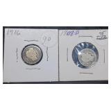 1908-D & 1916 Barber Silver Dimes