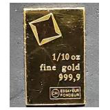 Valcambi 1/10oz .999 Gold Ingot Bar