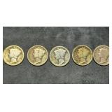 5 Nice Teens Dated Mercury Silver Dimes