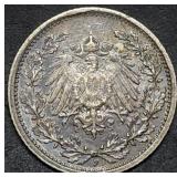 1916 F German Empire 1/2 Mark Silver Coin Nice