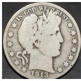 1913-S Barber Silver Half Dollar