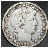 1909 Barber Silver Half Dollar VF Nice
