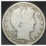 1907-S Barber Silver Half Dollar
