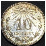 1930 Mexico 10 Centavos Silver Coin BU Toned