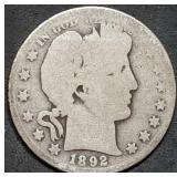1892-O Barber Silver Half Dollar, Key Date, Nice