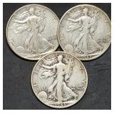 1943 P D & S Walking Liberty Silver Half Dollars