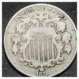 1871 Shield Nickel, Key Date, Nice Coin
