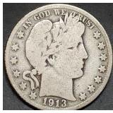 1913-D Barber Silver Half Dollar