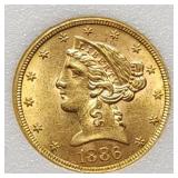 1886-S $5 Liberty Gold Half Eagle Gem BU Nice!