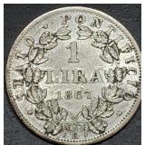 1867 R Papal States 1 Lira Silver Coin High Grade