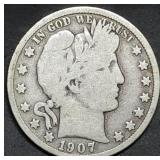 1907-D Barber Silver Half Dollar