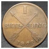 1822 Swedish 1 Skilling Large Copper Coin