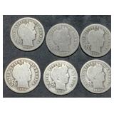 6 Nice Barber Silver Dimes