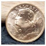 1959 Gold Switzerland 20 Francs BU 90%/6.45 Grams