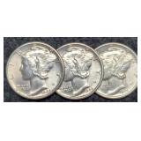 3 Choice BU Mercury Dimes: 1936, 40-P&S
