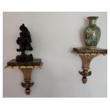 Wall Brackets with Cloisonne Vase, Wood Figure