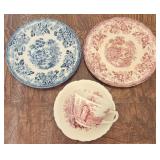 Red & Blue Transferware Tonquin Plates & C&S