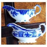 2 Antique Flow Blue 9' Gravy Boats
