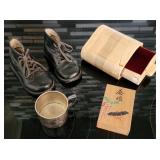 Wood Trinket Box, Antique Childs Shoes, Baby Cup