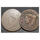 1827 & 1837 US Large Cent Copper Coins