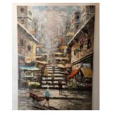 Tang Ping Oil on Canvas Hong Kong Street Scene