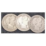 (3) Barber Quarters 1909-D, 14-D, 15-D