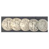 (5) W. Liberty Half Dollar 1920, 35, 37, 41, 45