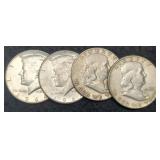 (4) Silver Half Dollars: 2 Franklin, 2 1964 K.