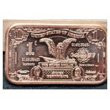 1 Troy Oz. Copper Bar "$1 Black Eagle Note"