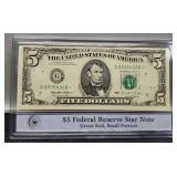 1995 $5 FR Star Note, Green Seal, Small Portrait,