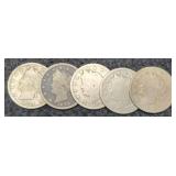(5) V Nickels 1890, 93, 94, 96, 99