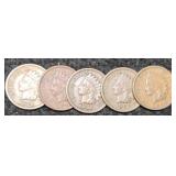 (5) Indian Head Cents 1895, 96, 97, 98, 99