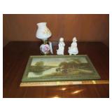 Lamp, Framed Print & (2) Figurines
