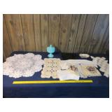 Candy Dish, Emerald Green Tray, Doilies, Etc