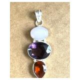 NEW Sterling Silver Pendant w/3 Large Gemstones