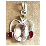 NEW Silver Hand Crafted Pendant w/3 Gemstones